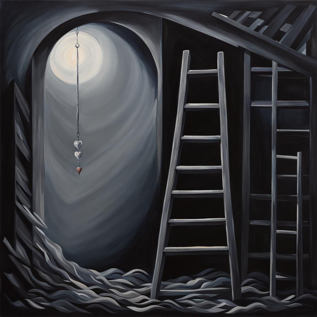 Grey Heart at Ladder's Base: Gouache Painting