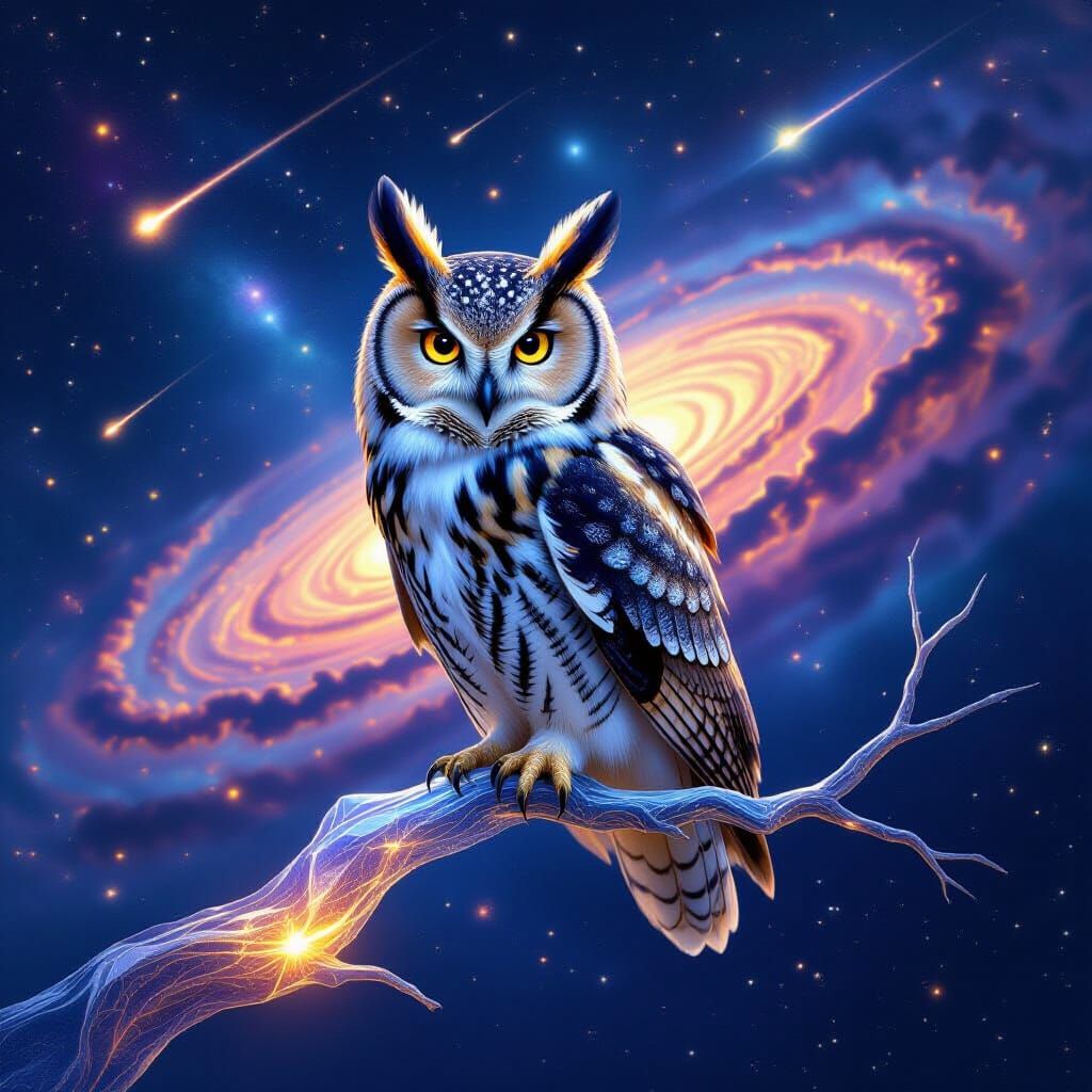 Cosmic Owl Nebula Watcher in Surrealist Style