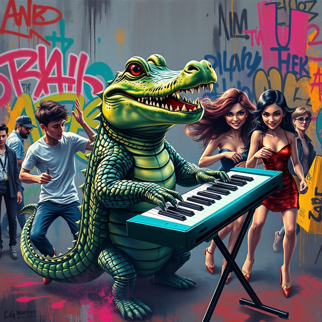 Vibrant Hyperrealistic Crocodile Plays Keyboard Amidst Teena...