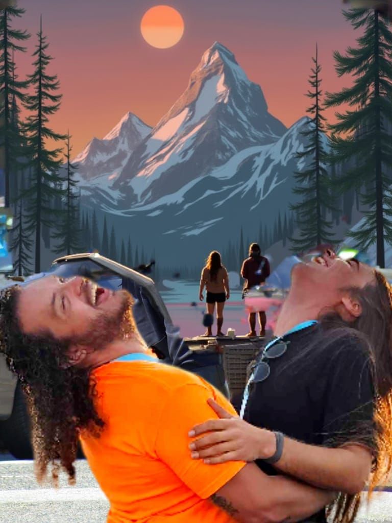 Adventurers on a Van, Majestic Mountain Sunset