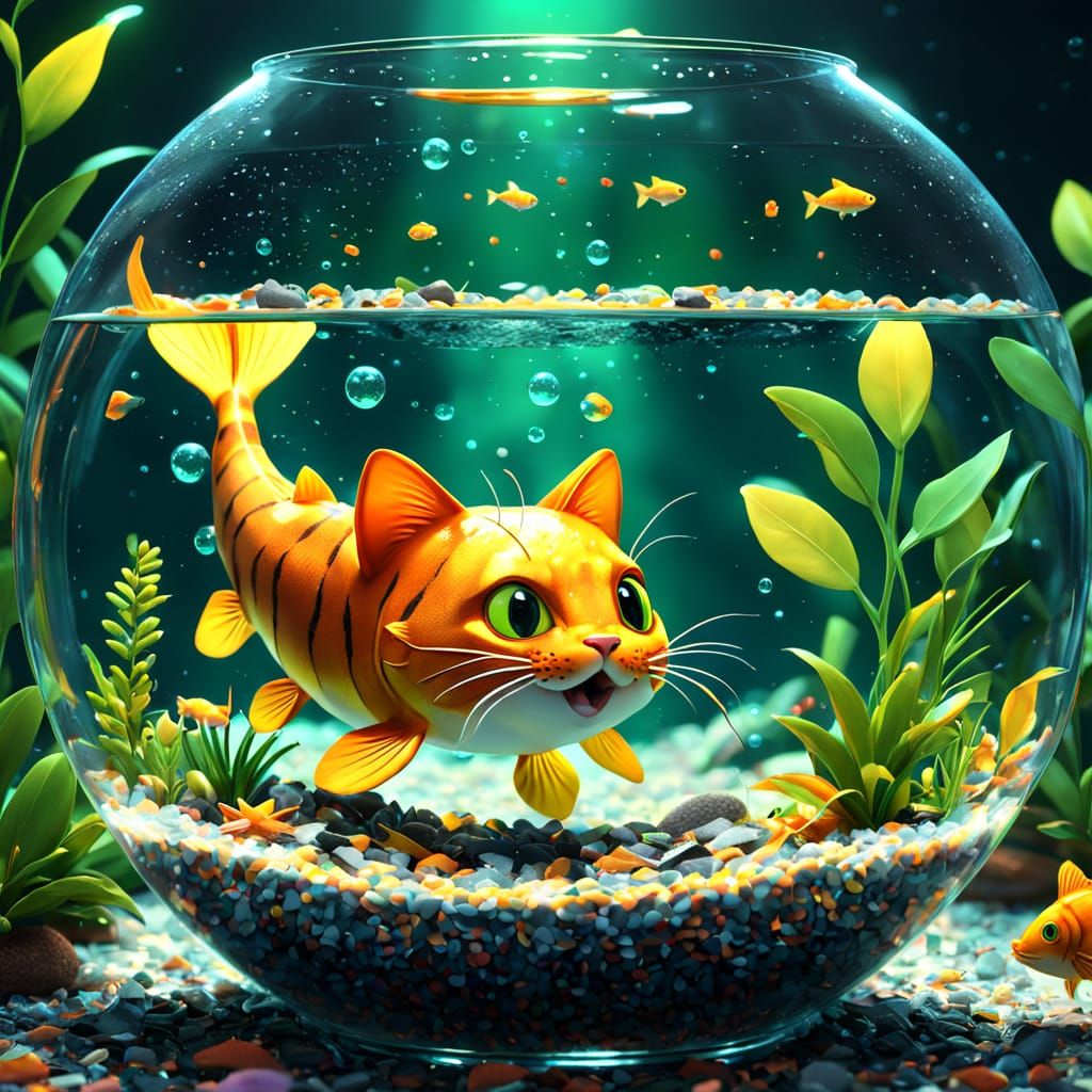 Cute Cartoon Catfish in Fishbowl: Pixar Style