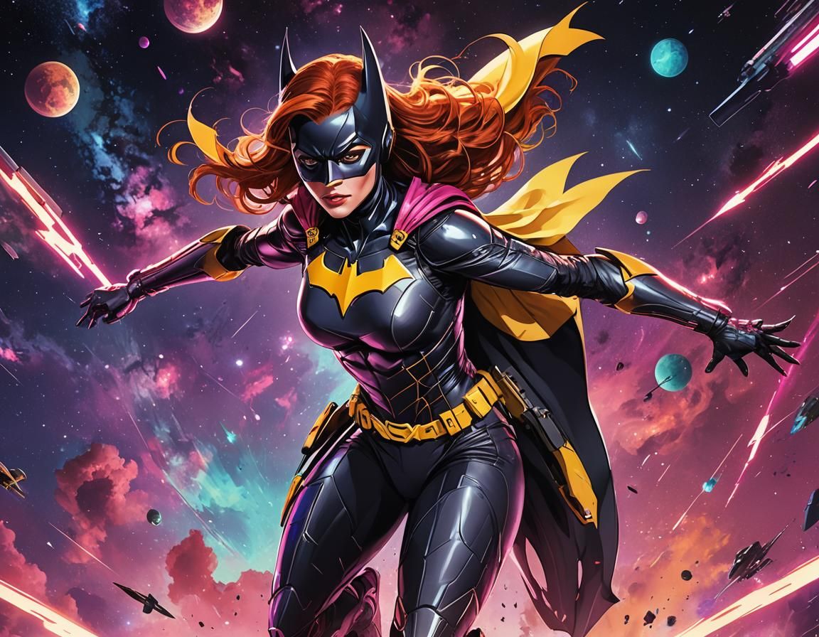 Batgirl in Cyberpunk Armor Flying Through Space