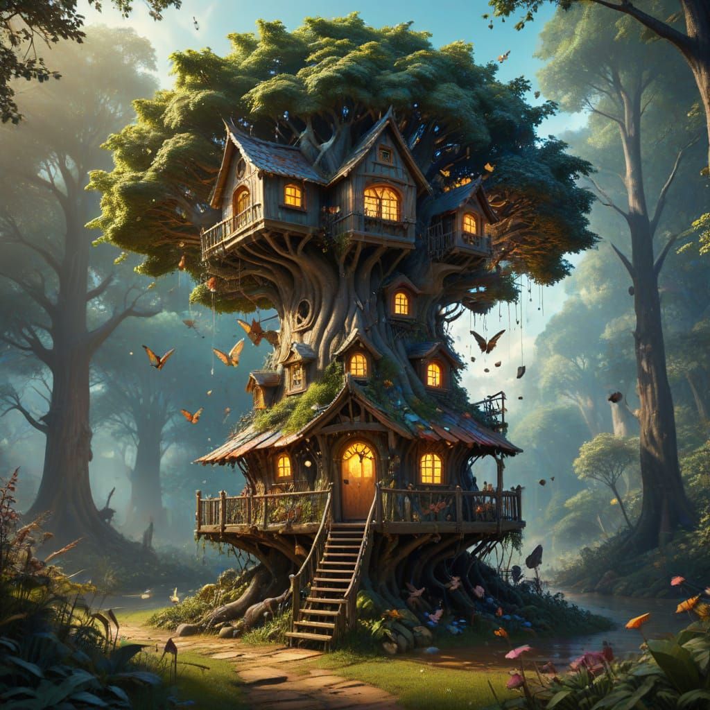 Whimsical Fairy Village Amidst a Lush Forest, Rendered in Hy...