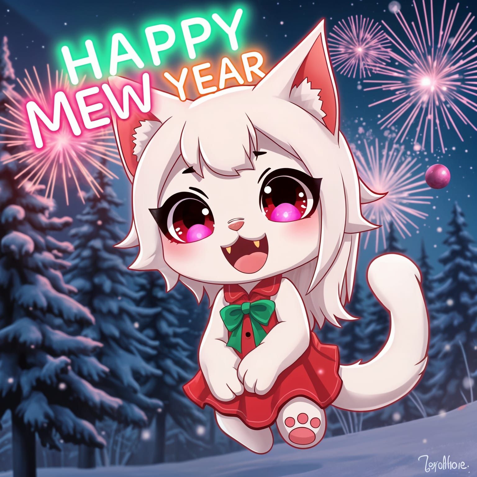 Furry Synthwave Catgirl Celebrates New Year in Neon Wonderla...