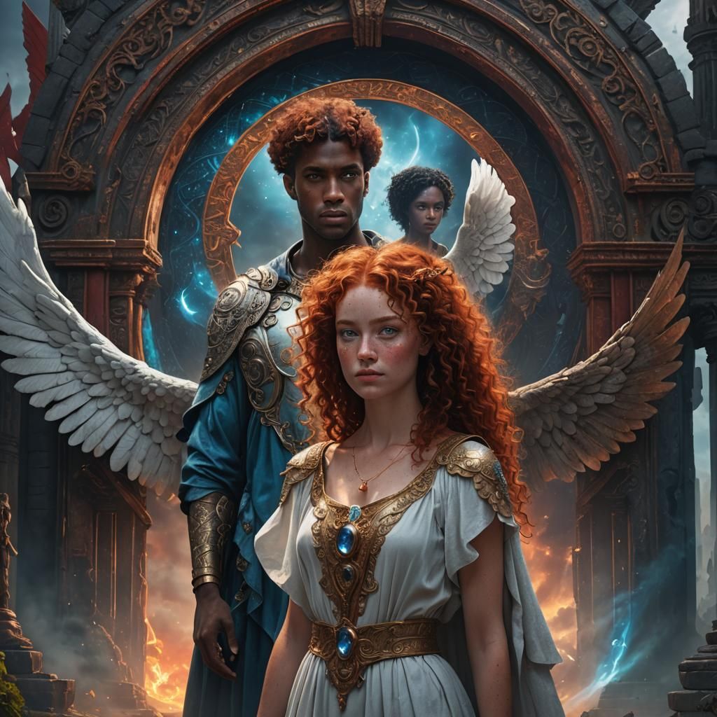 Woman and Dark Angel in Fantasy Realm