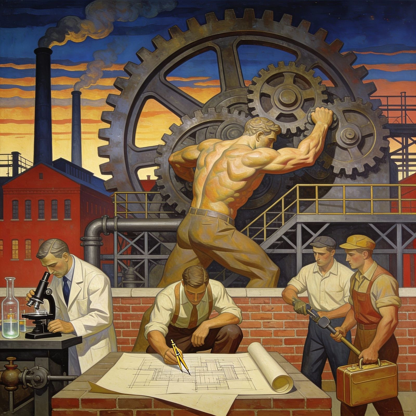 WPA Mural of Workers in Industrial Complex