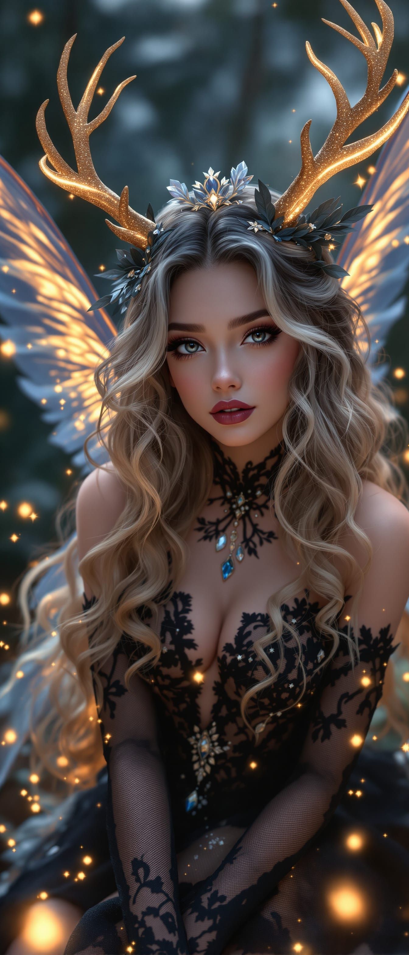 Crystal Fairy Princess with Antlers in Ethereal Lighting