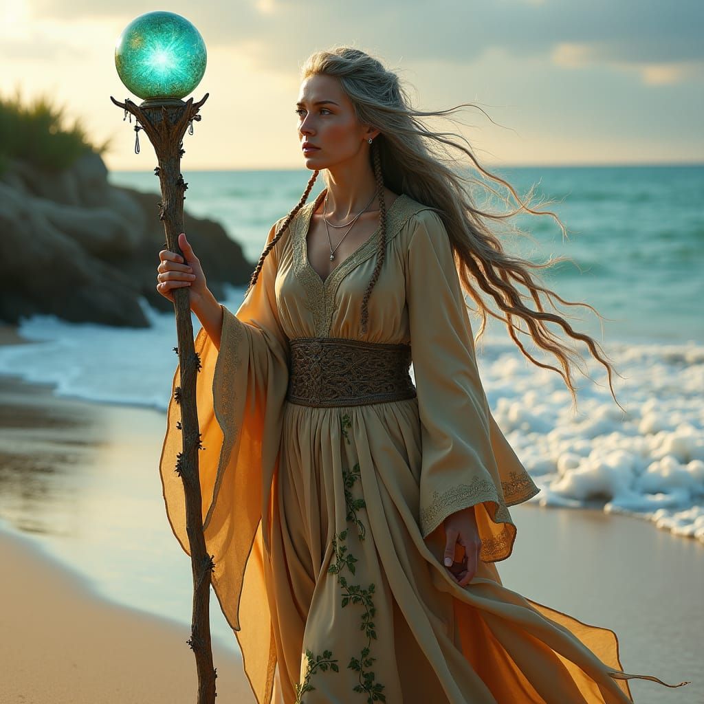Wise Woman with Orb on Beach, Matte Painting Style