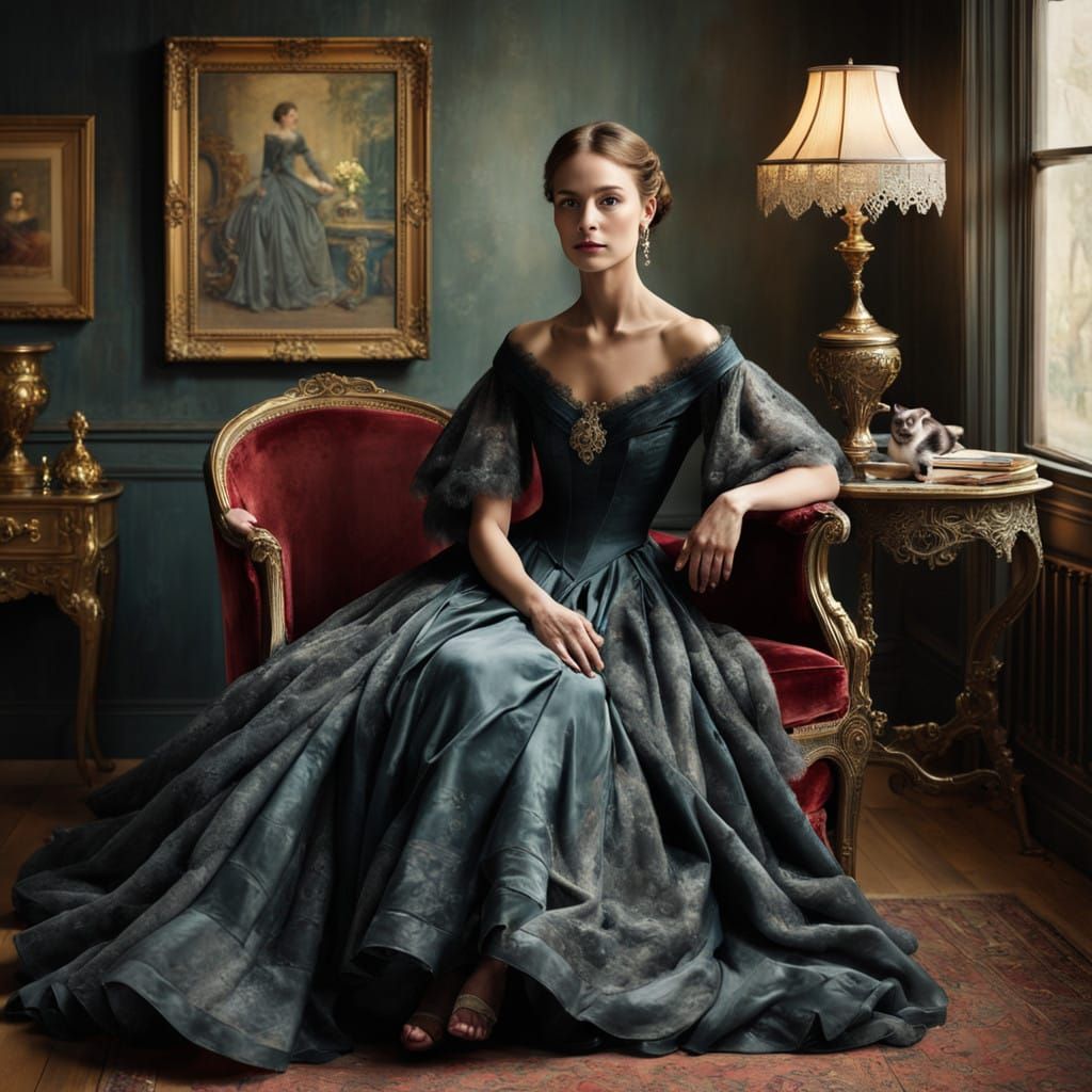 Elegant Lady Surrounded by Velvet Opulence in Impressionist....