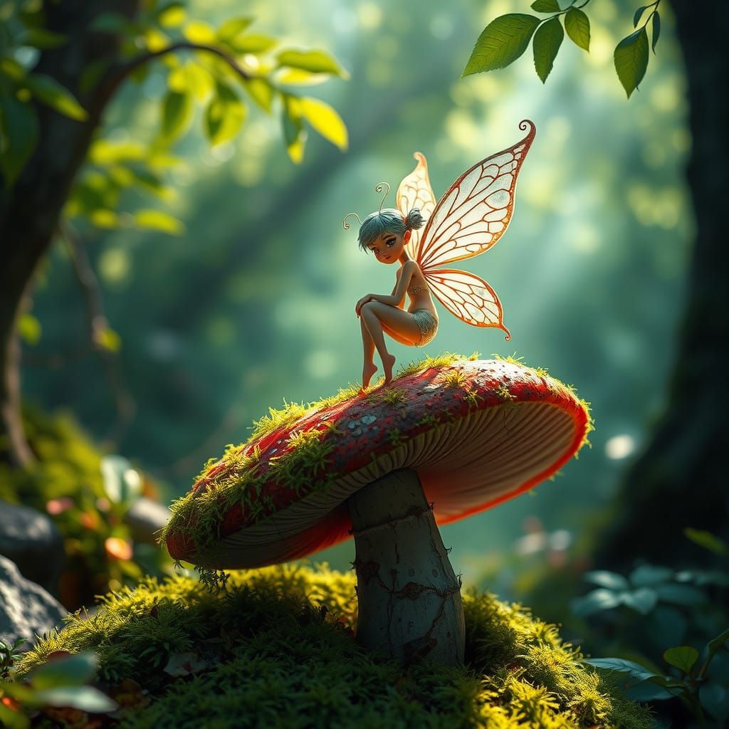 Whimsical Fairy on Vibrant Mushroom in Emerald Forest