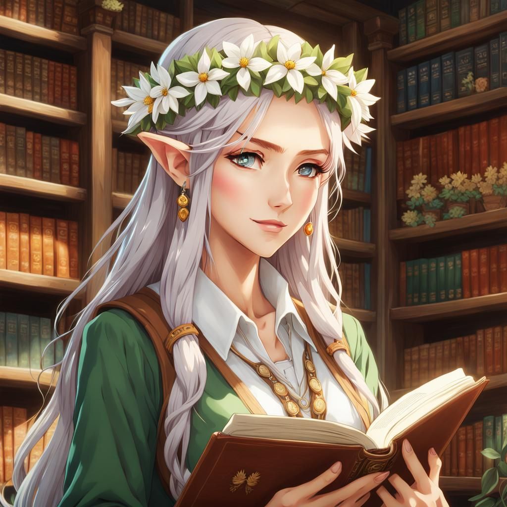 Beautiful Elf Scholar in Anime Style Library