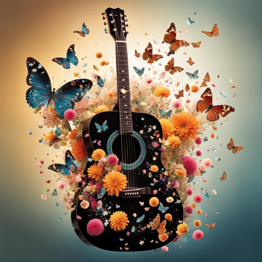 Exploding Guitar with Butterflies and Flowers