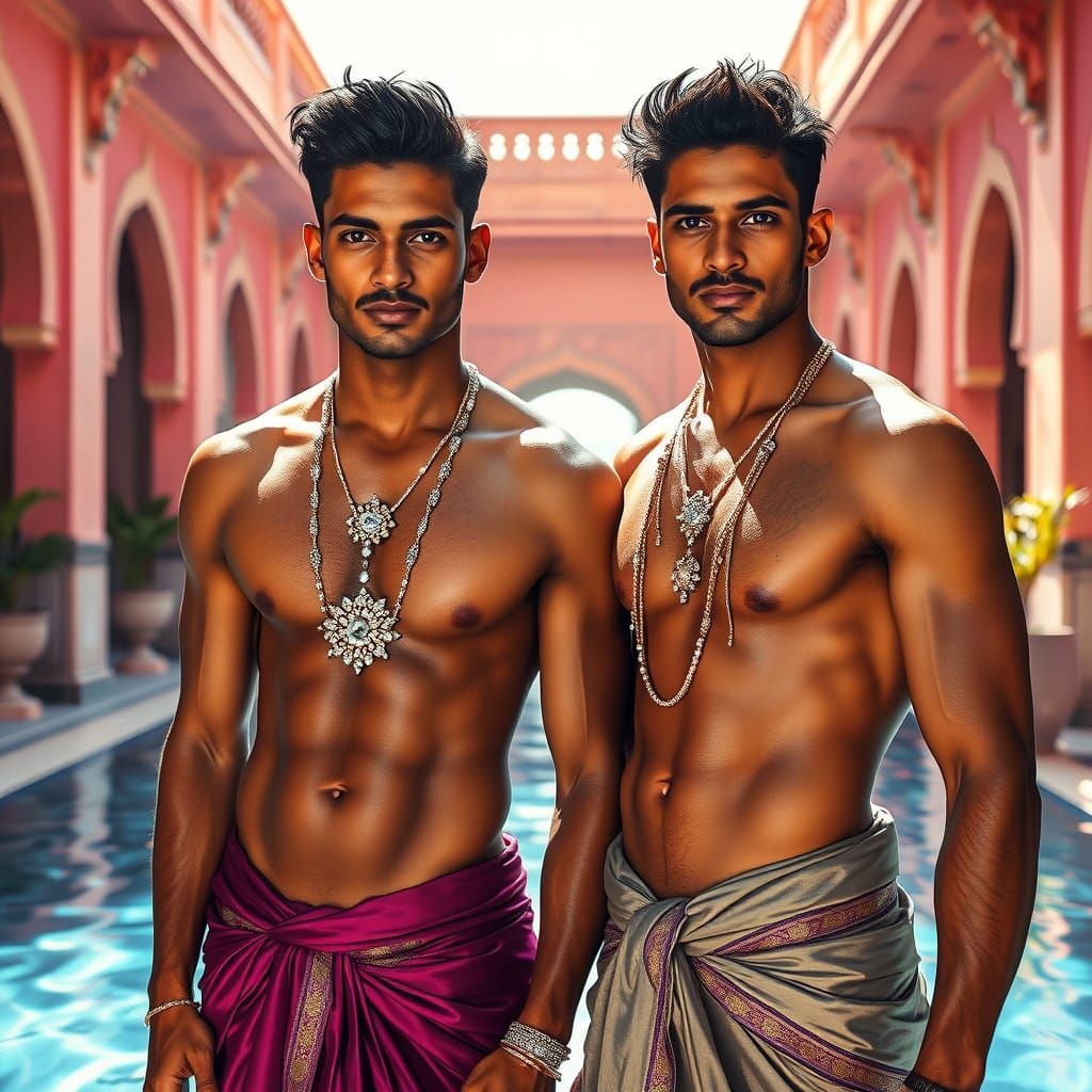 Indian Men in Sun-Drenched Courtyard, Photorealistic Digital...