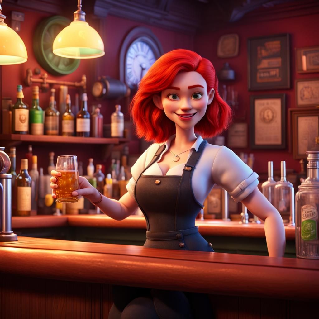 Red-Haired Bartender in Old Pub: Pixar-Style 3D Art