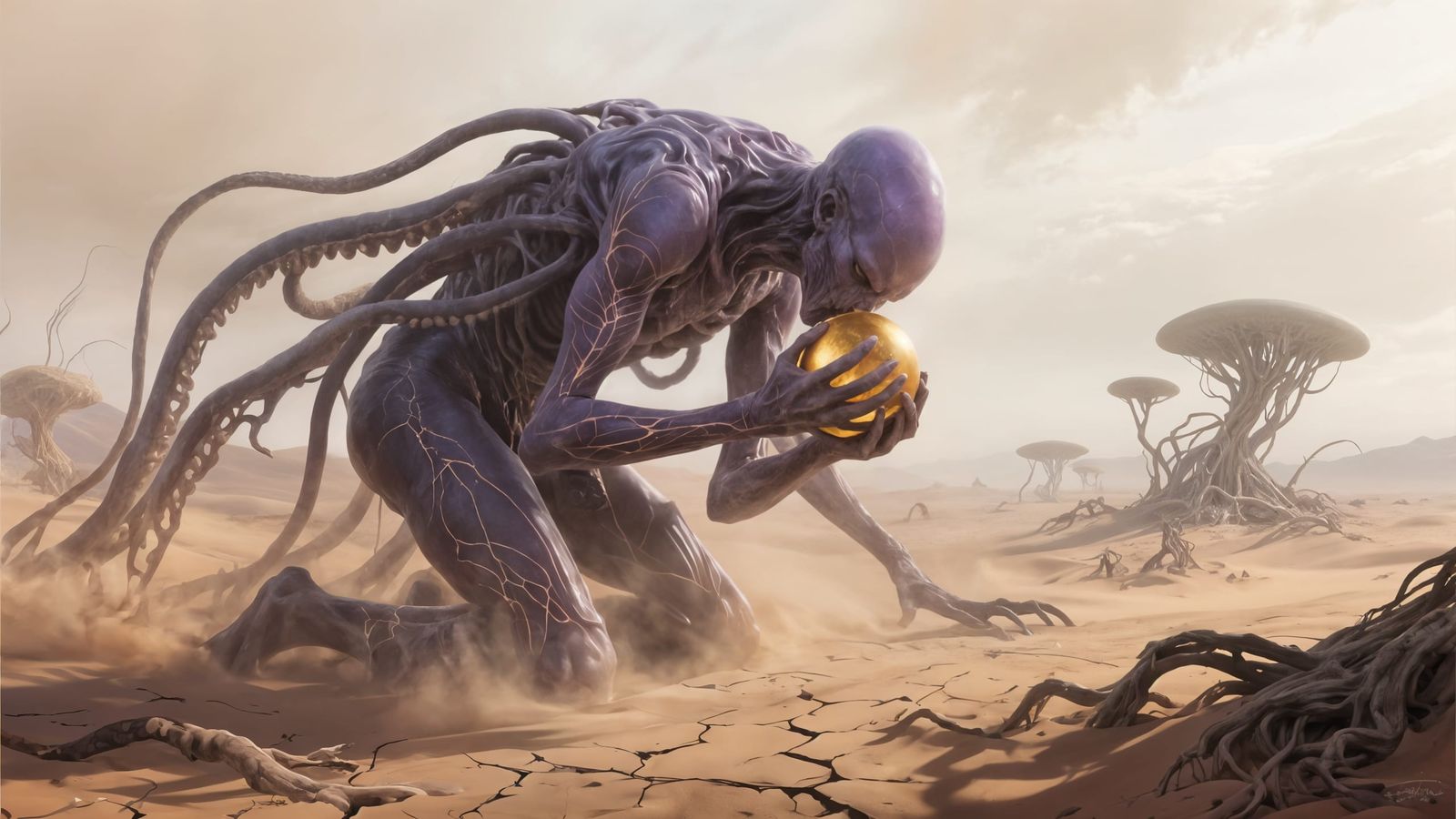 Eldrazi-like Creature in Alien Desert Landscape