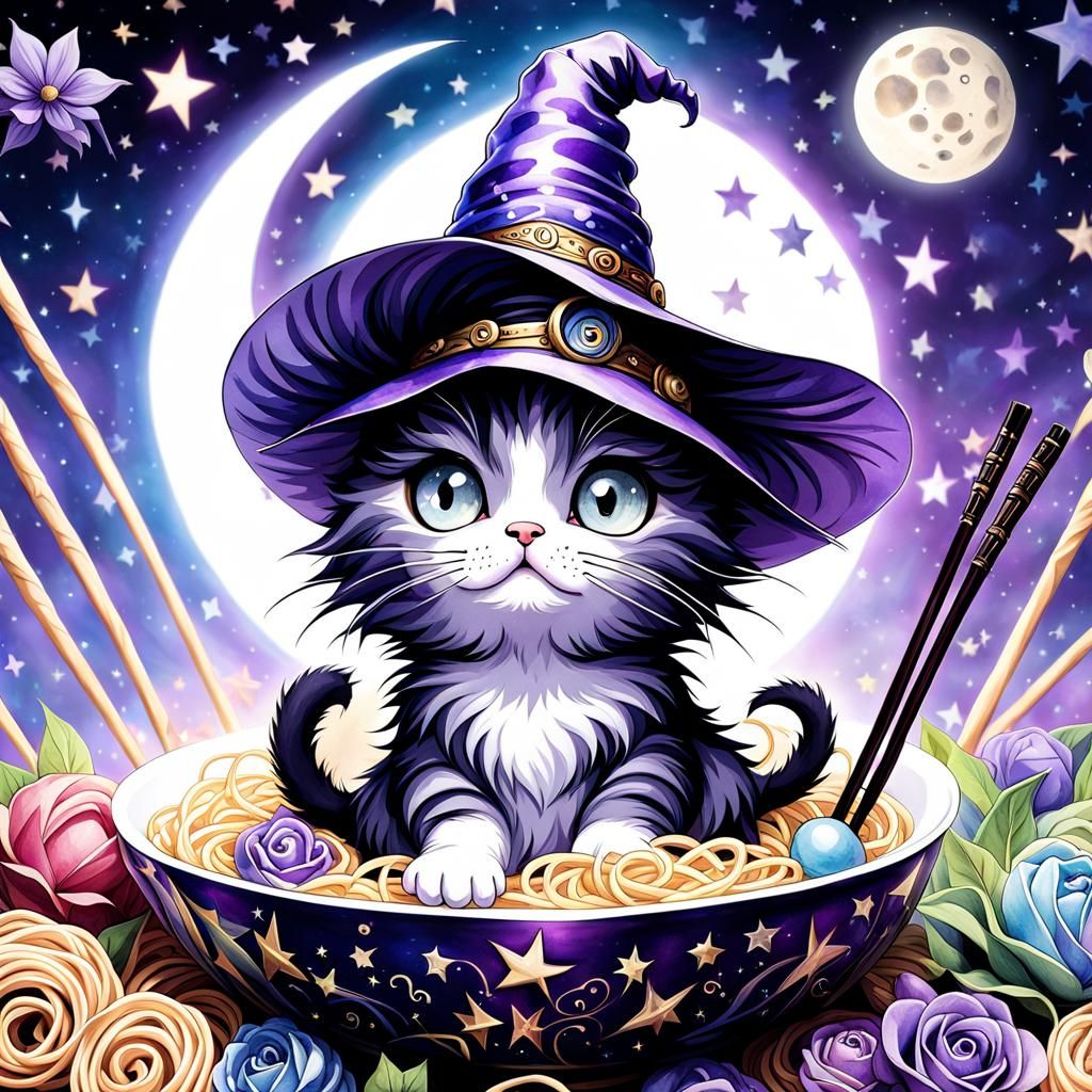 Whimsical Chibi Cat Witch Enjoys Ramen in Watercolor