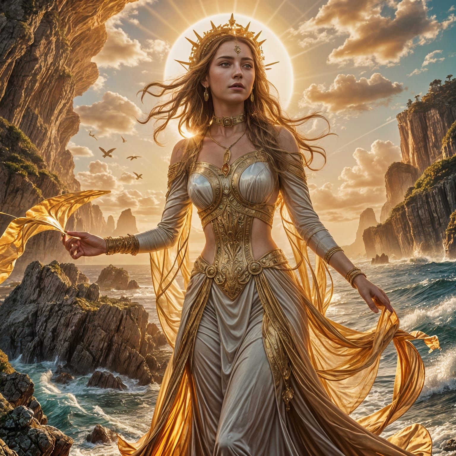Ethereal Goddess in Golden Seascape: Fantasycore Art