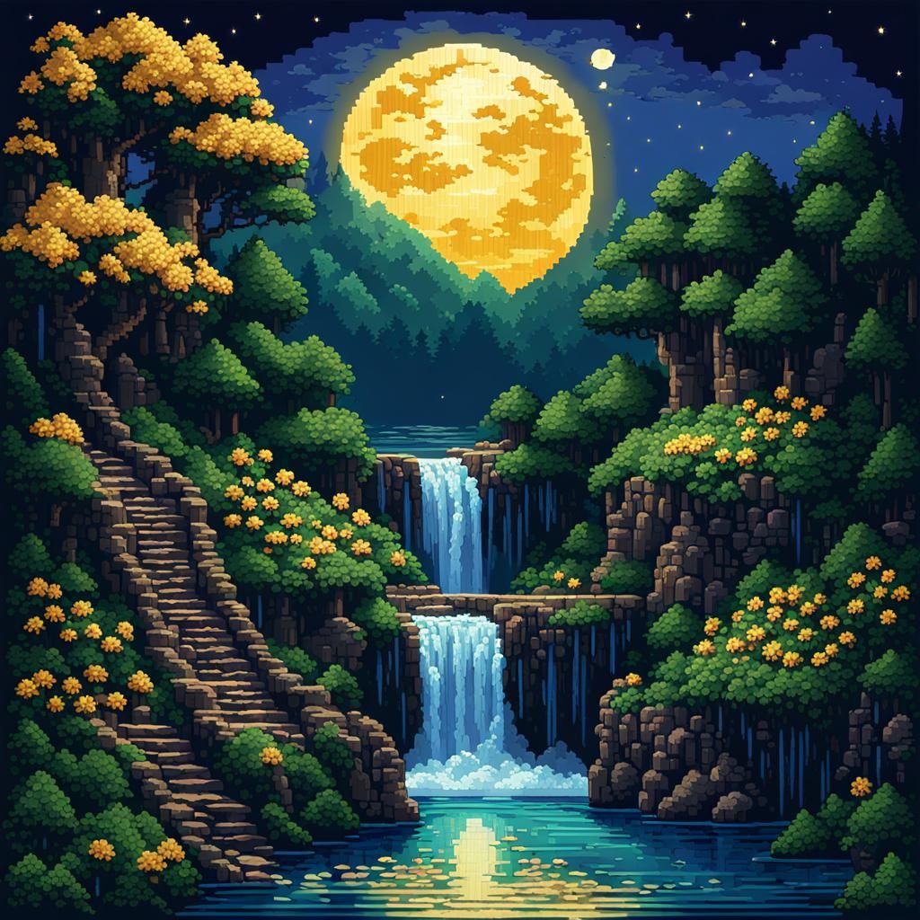Pixel Art Waterfall at Starry Night