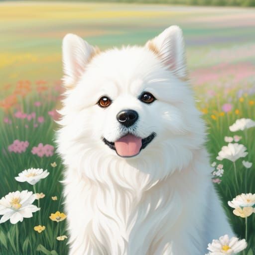 Whimsical Watercolor Portrait of a Fluffy Dog in a Floral Fi...