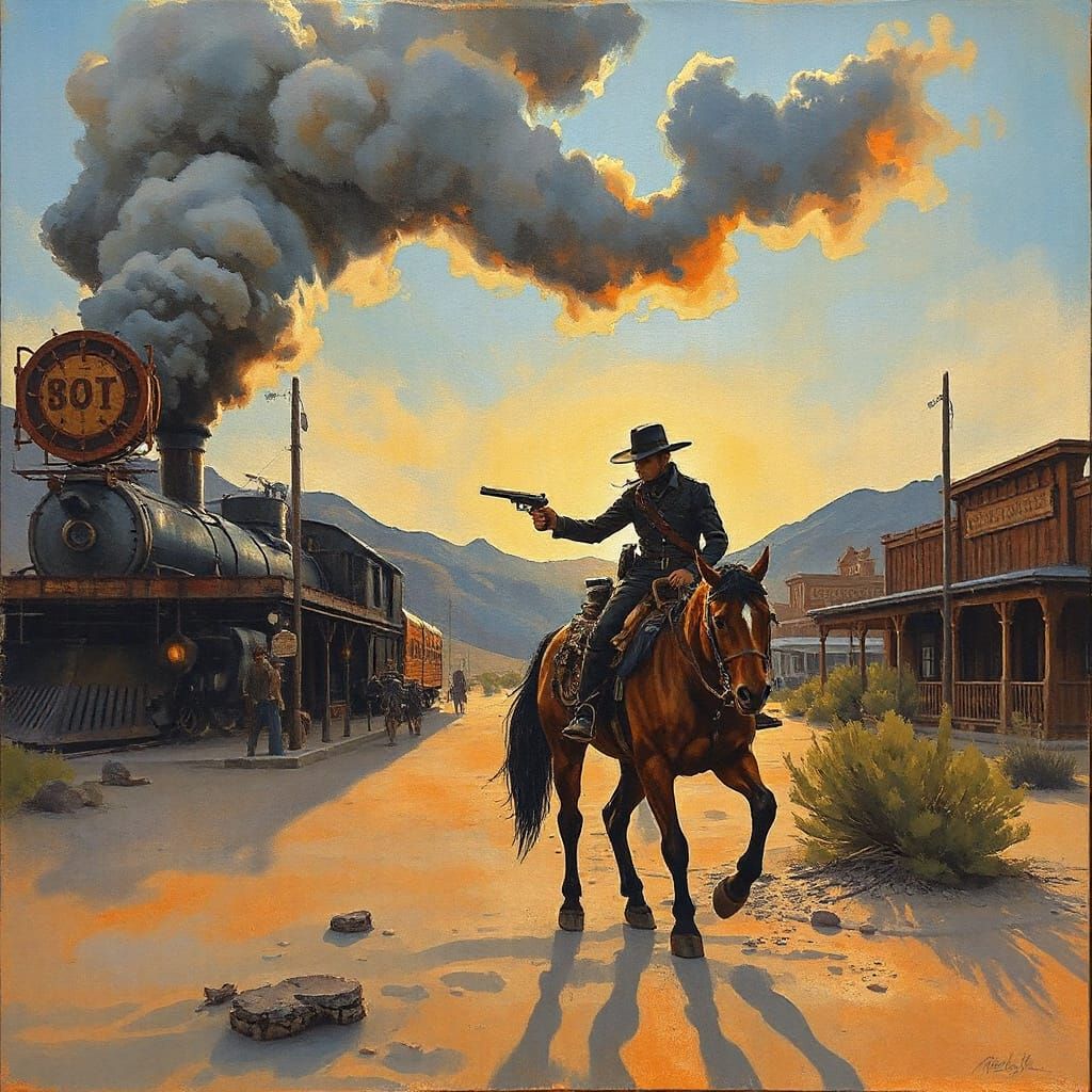 Steampunk Gunslinger in Wild West Town at Dusk