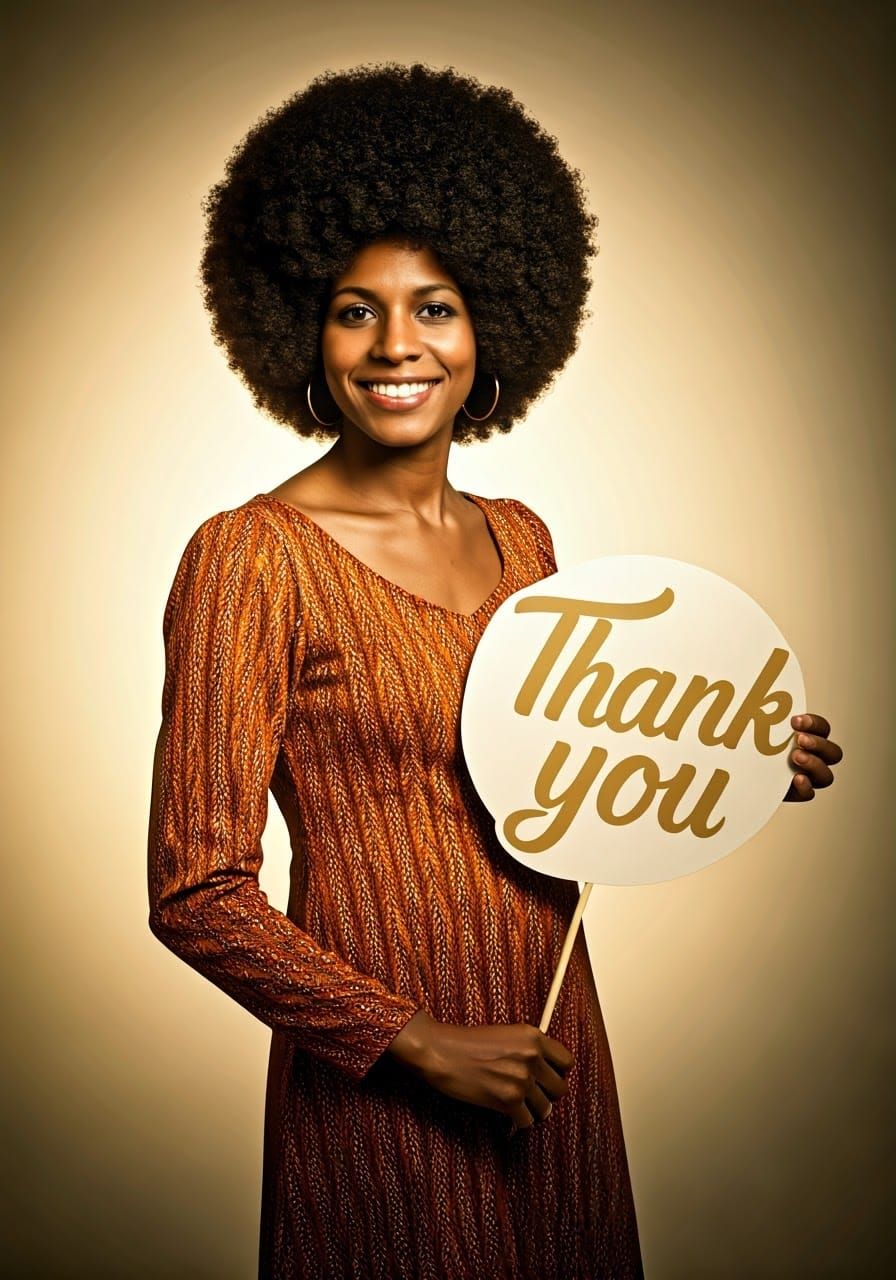 Elegant Woman with Thank You Sign, 1970s Portrait