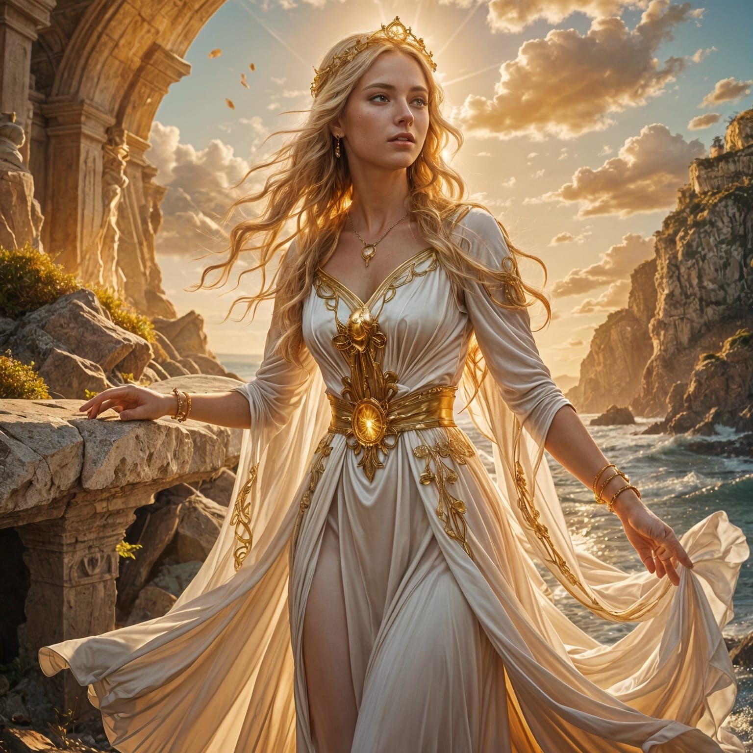 Ethereal Goddess in Golden Hour Seascape