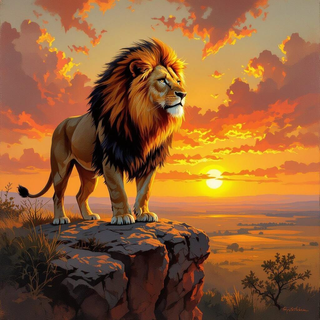 Lion with Fiery Mane Overlooking Savanna, Oil Painting