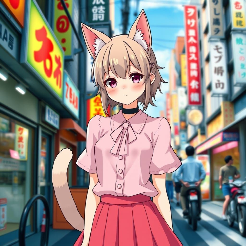 Neko Girl in Vibrant Tokyo Street Scene