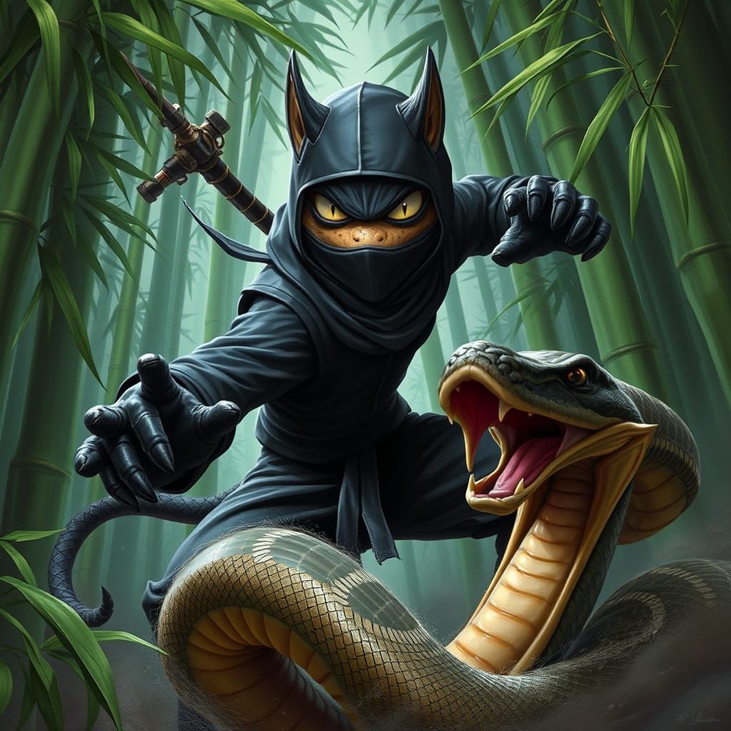 Ninja Mongoose vs Cobra in Hyperrealistic Bamboo Forest