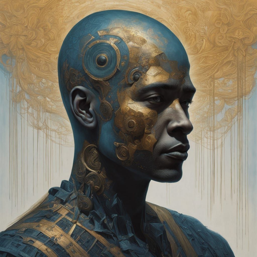 A head of a beautiful utopic man with dark skin and  topaz b...