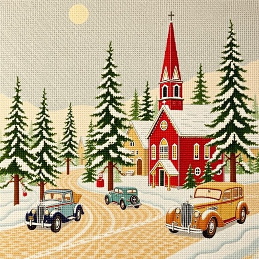 Vintage Winter Wonderland Needlepoint Scene