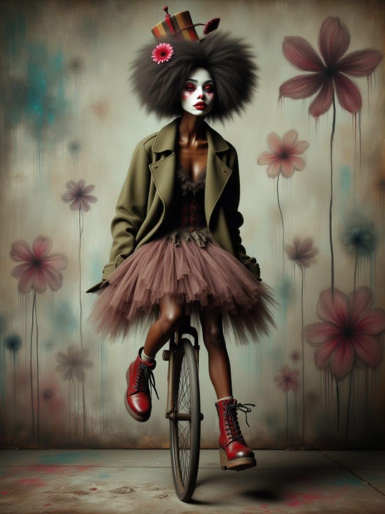 Clown on Unicycle in Basquiat-Kahlo Style