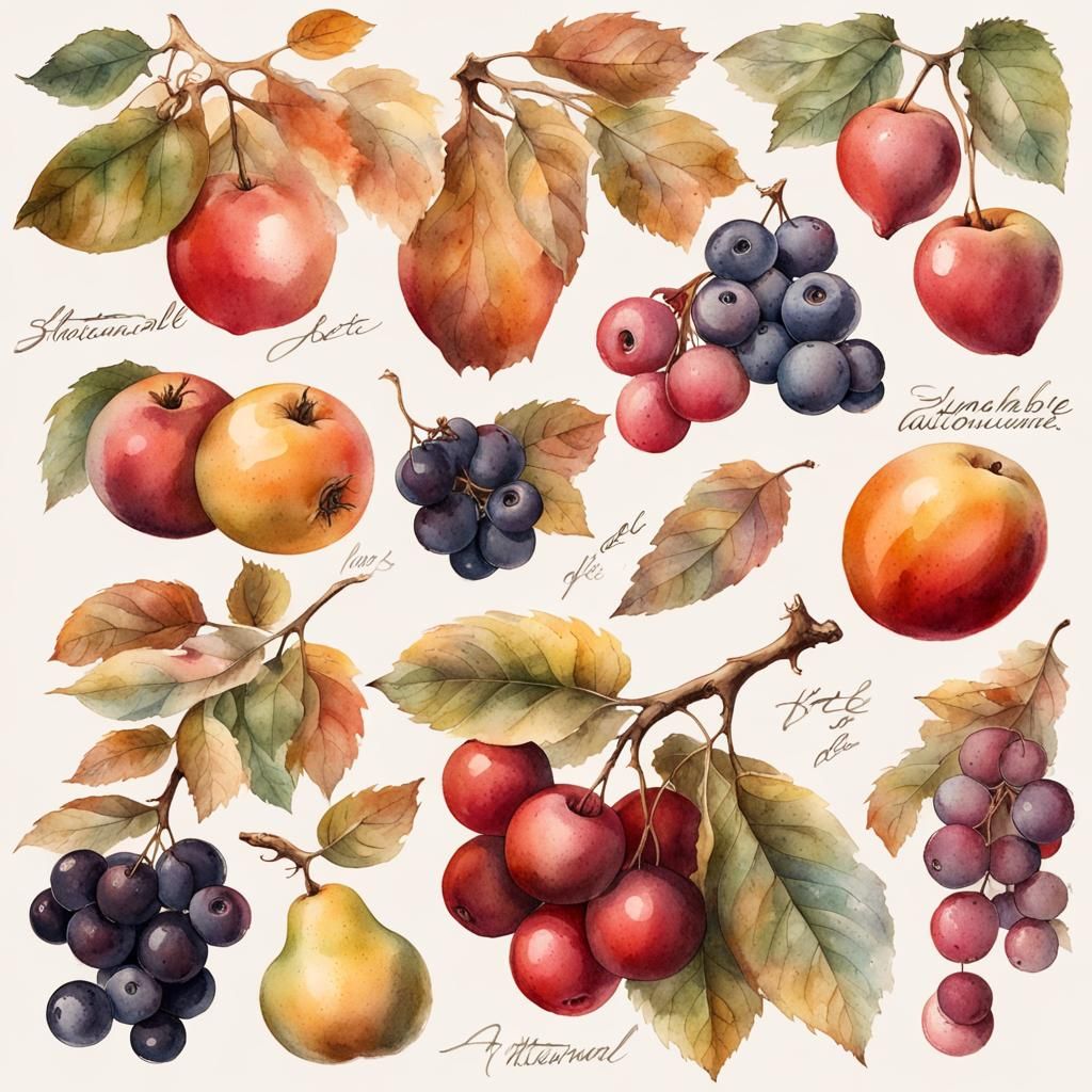Autumn Fruit Ephemera in Watercolor Style