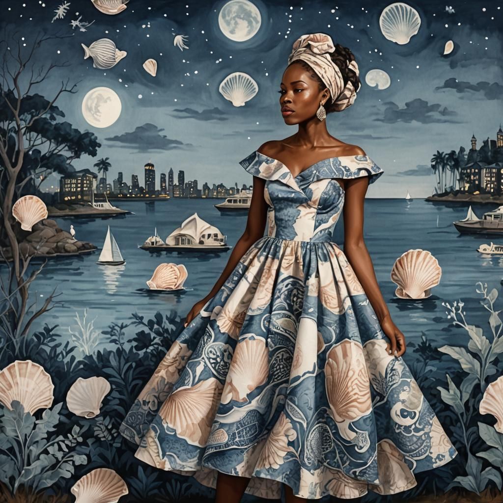 Stunning African Woman in Toile Dress at City Park at Night