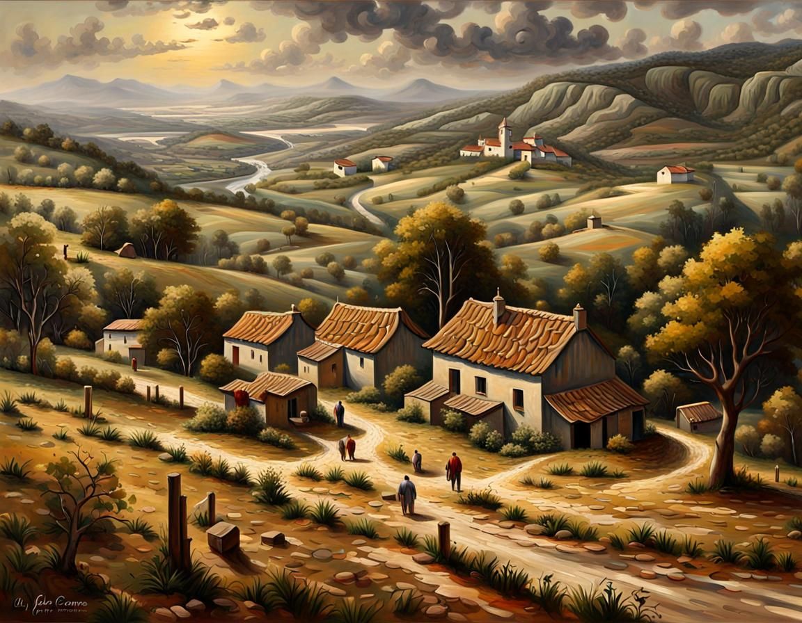 1940s Portuguese Landscape in Oil Canvas Style