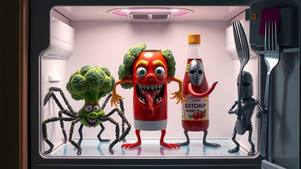Comical Horror Food Creatures in a Fridge