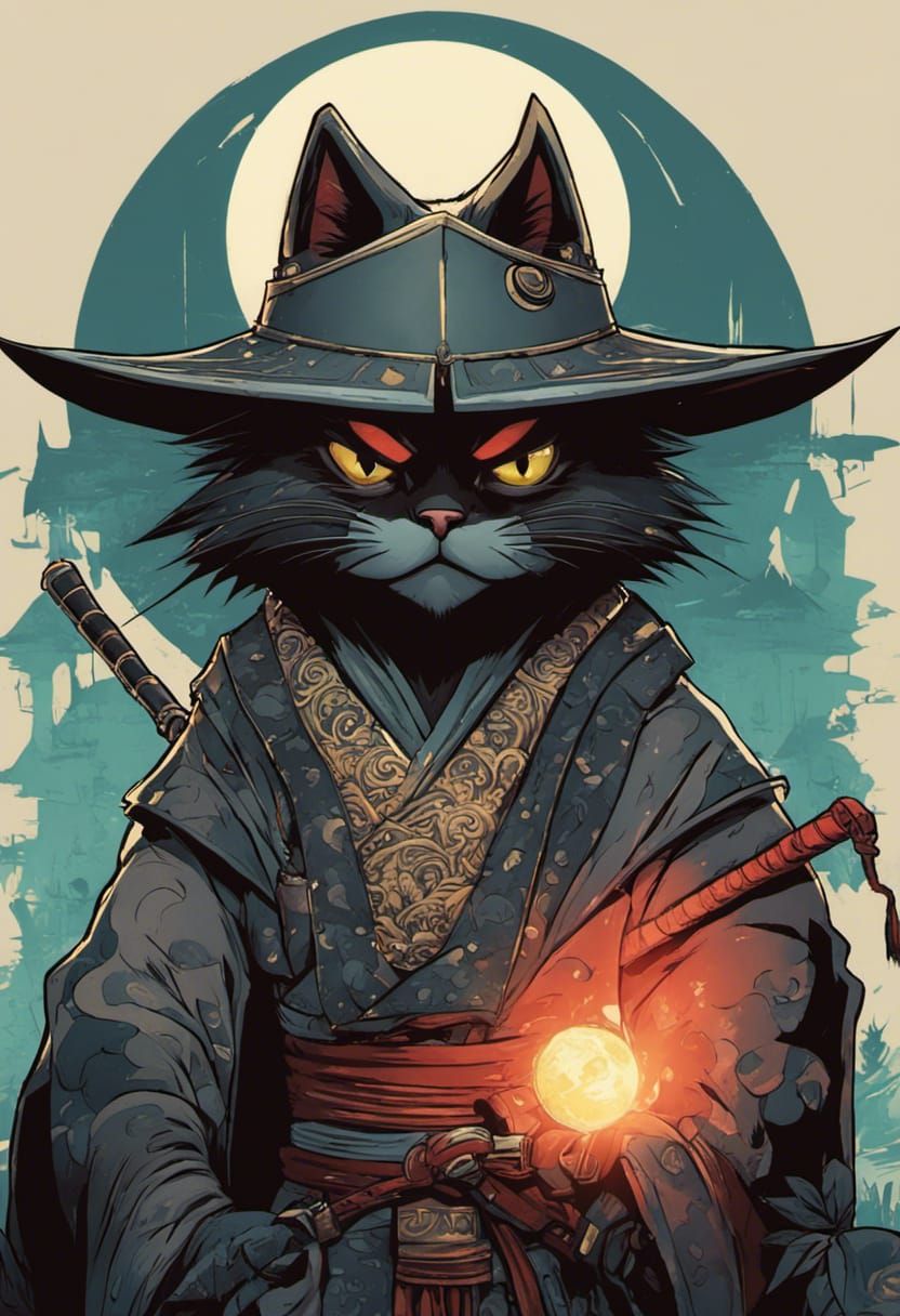 Grumpy Samurai Cat in Inkpunk Style