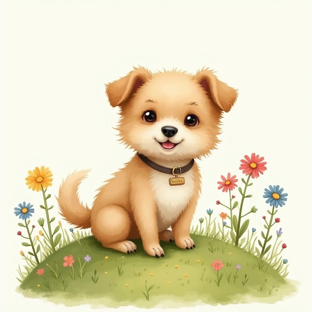 Whimsical Watercolor Dog on a Storybook Hill