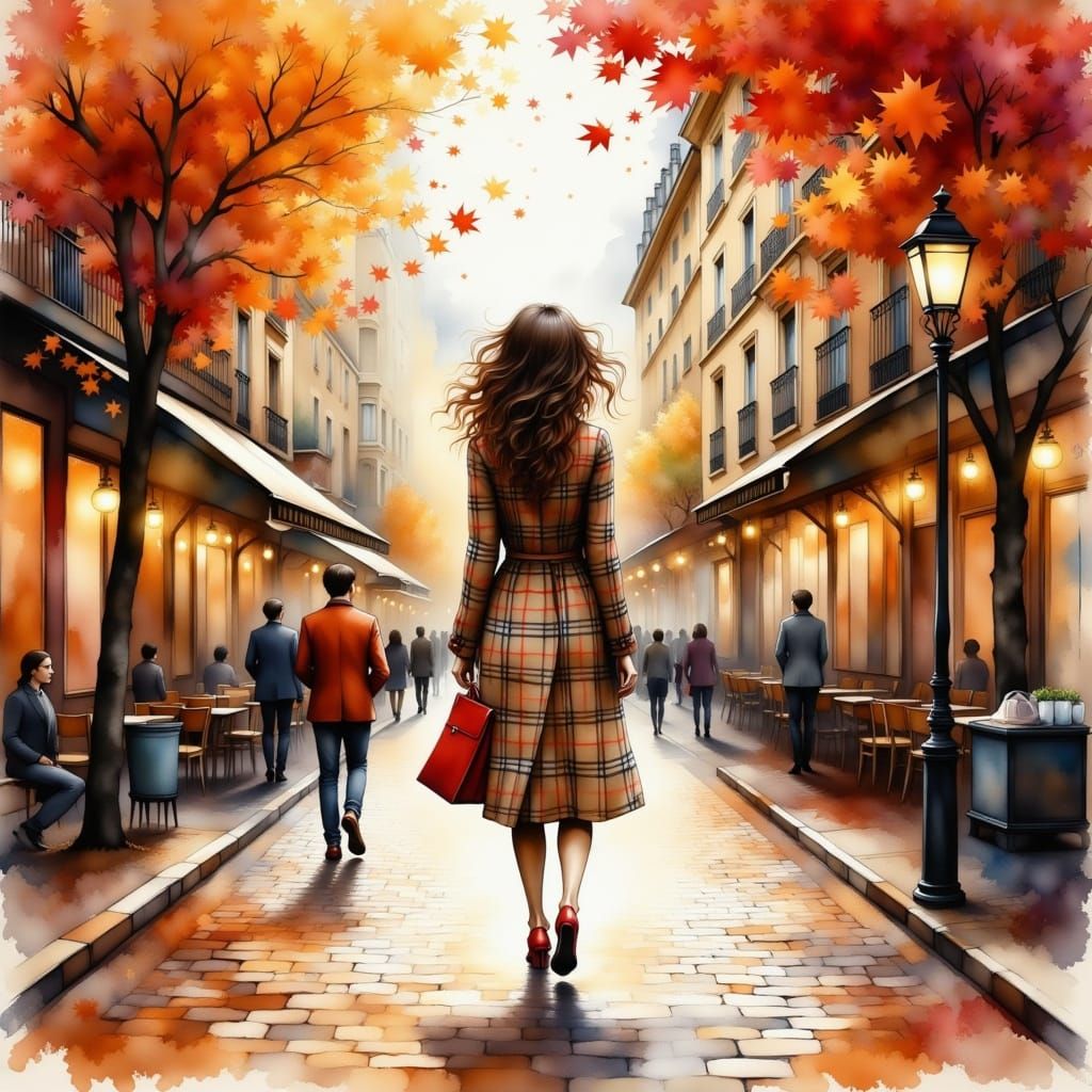 Parisian Autumn Street Scene with Stylish Woman in Burberry