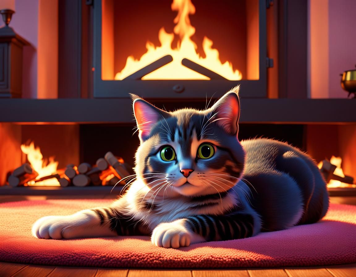 Kitten by Fireplace: 3D Digital Art in Pixar Style