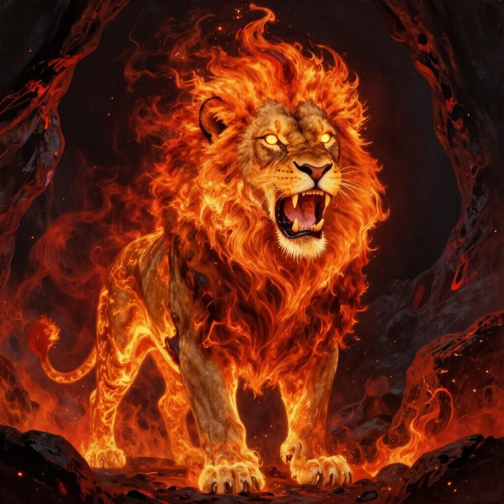 Fiery Lion in Volcanic Cavern Fantasy Art