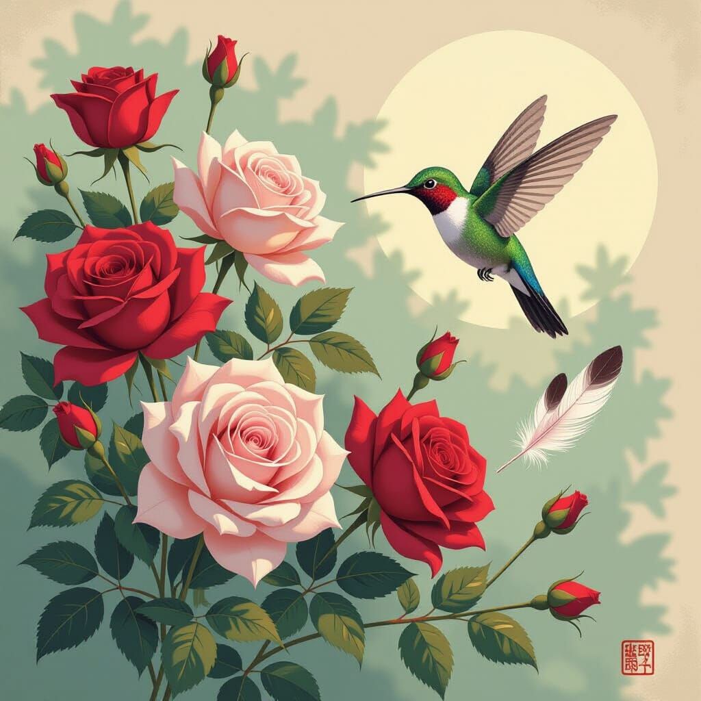 Fauvist Roses with Hummingbird Feathers