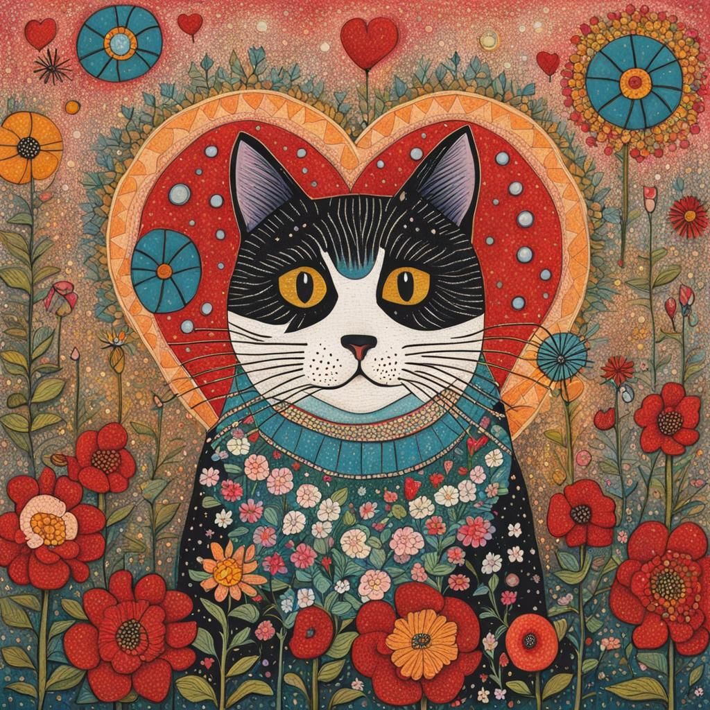 Cat on Pillow Surrounded by Flowers, Folk Art Style