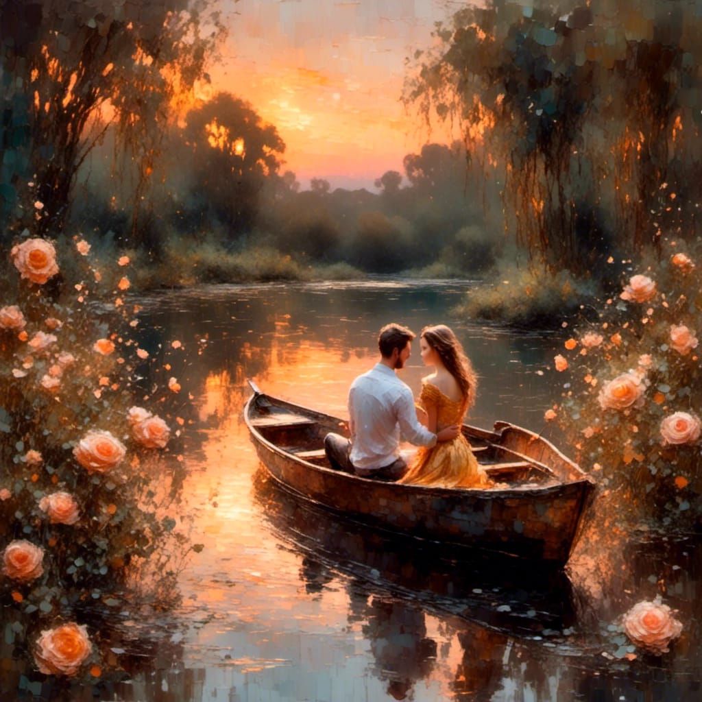Romantic Couple on River in Impressionist Oil Painting