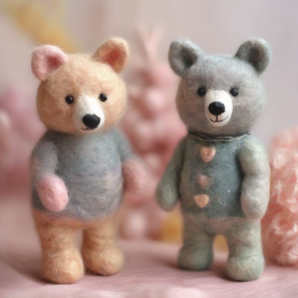 Bear and Wolf Whimsical Illustration in Felted Friends Style
