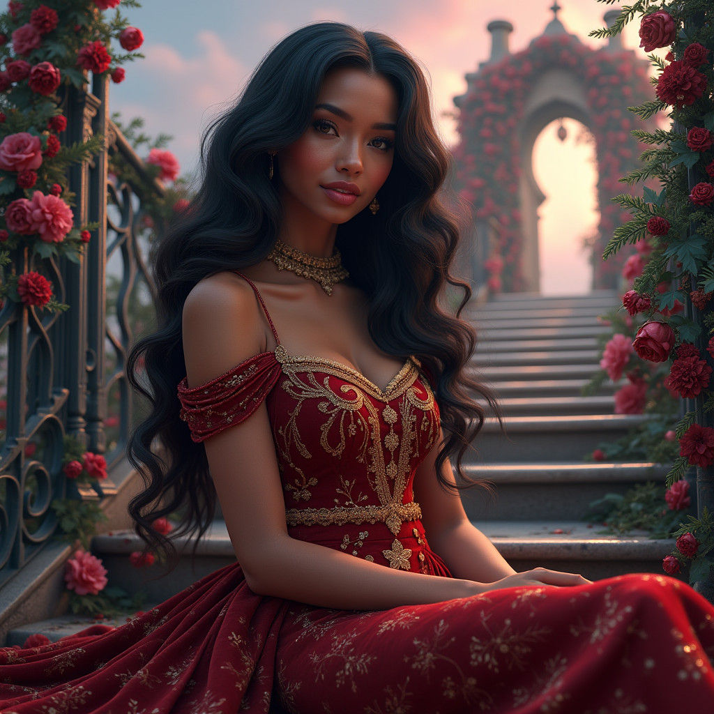 Opulent Christmas Portrait on Enchanting Staircase