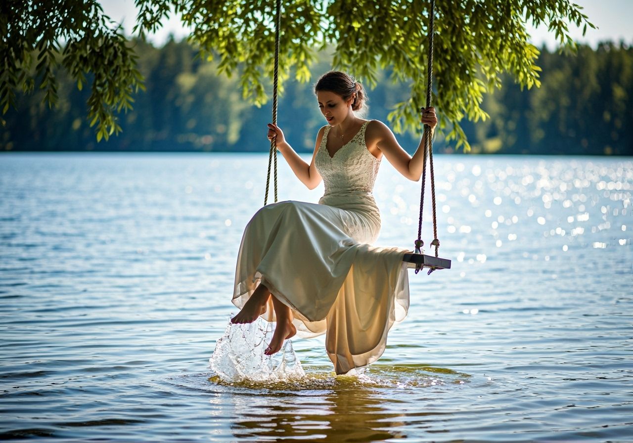 Barefoot Bride on a Tree Swing Over Lake