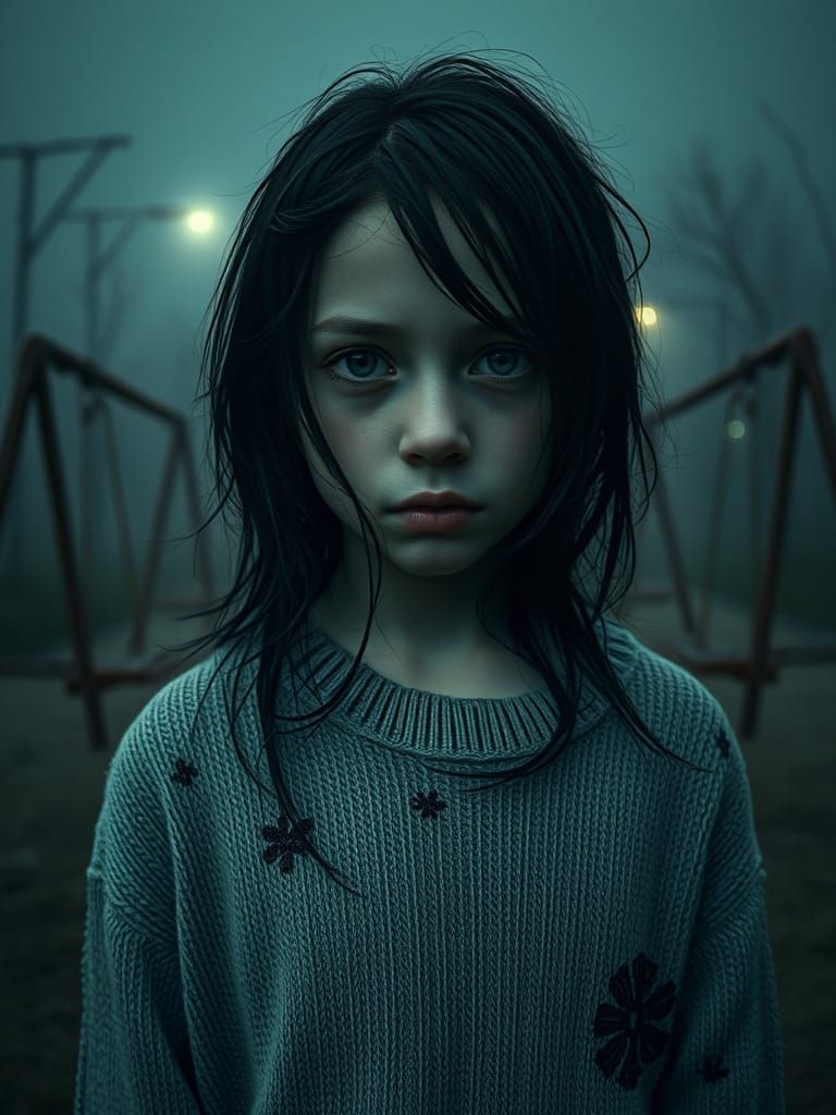Eerie Girl in Ink-Stained Sweater in Foggy Playground