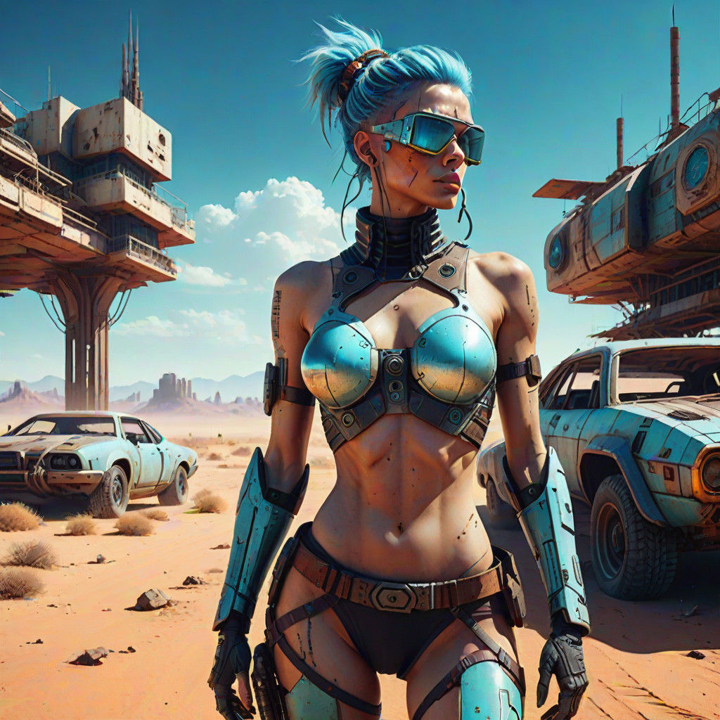 Cyberpunk Woman in a Post-Apocalyptic Desert Landscape