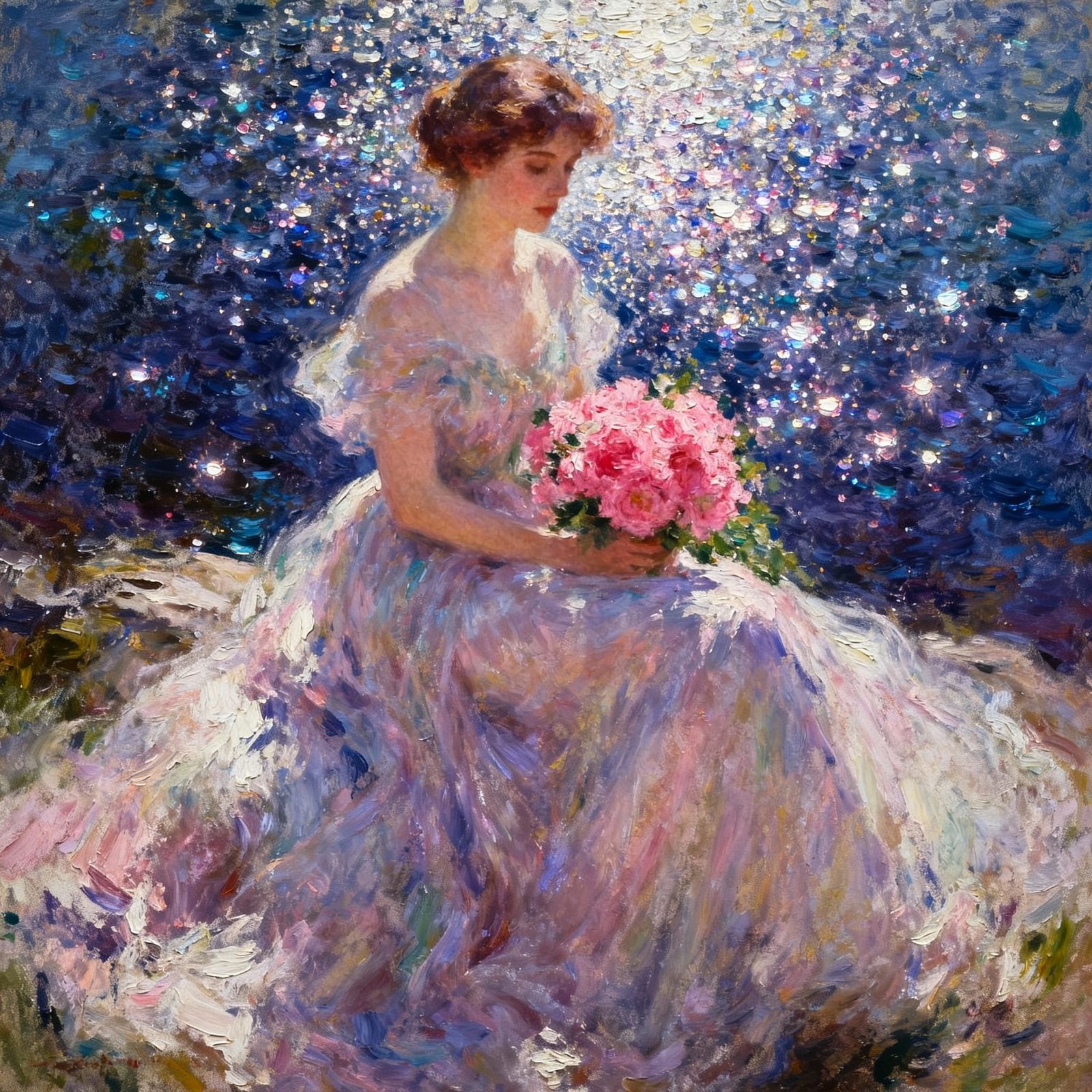 Woman in Gossamer Gown with Pink Bouquet, Oil Painting